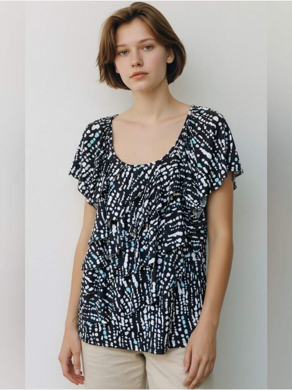 AB Studio Black Abstract Dot Ruffle Sleeve Blouse Large #BL4